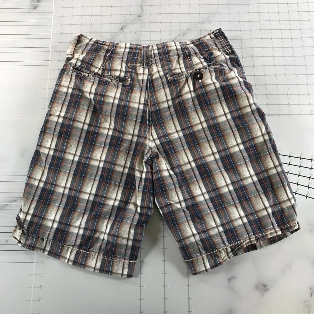 American Eagle Shorts Mens 30 Blue Orange White Plaid Longer Length - Picture 8 of 10